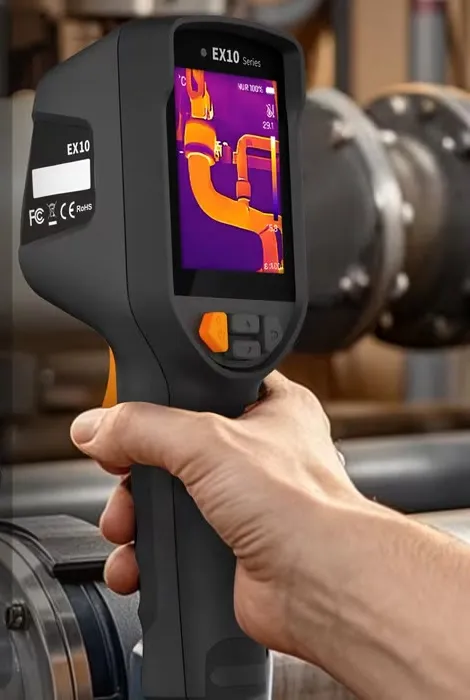 Cámara termográfica mostrando la imagen térmica de una tubería